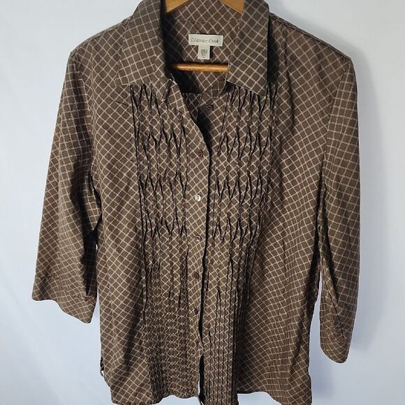 Pleated Smocked Soft Chocolate Brown Button Up Blouse Size PXL - Picture 1 of 8